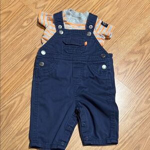 Carters Boy Baby Blue Overalls with Gray and Orange Striped Shirt Size 3M